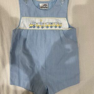 Vintage Blue Baby Romper with Train Embroidery
